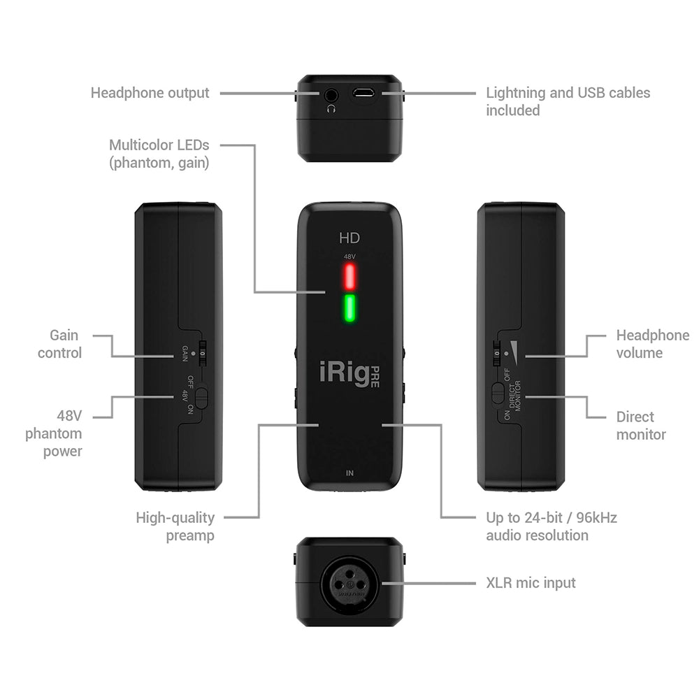 Interfaz de Audio Ik Multimedia para Microfono Irig Pre Hd (In:Xlr / Out:Lightning/Usb) IRIG-PREHD-IN