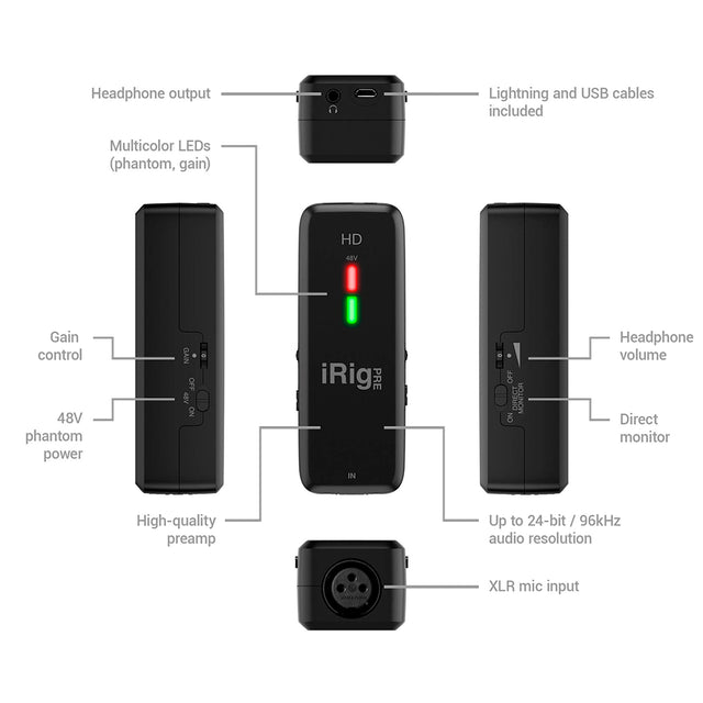Interfaz de Audio Ik Multimedia para Microfono Irig Pre Hd (In:Xlr / Out:Lightning/Usb) IRIG-PREHD-IN
